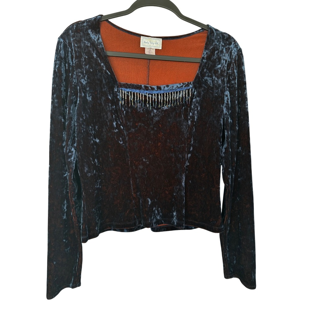 Vintage Hanky Panky Blue Burgundy Crushed Velvet Beaded Fringe Top Size Medium